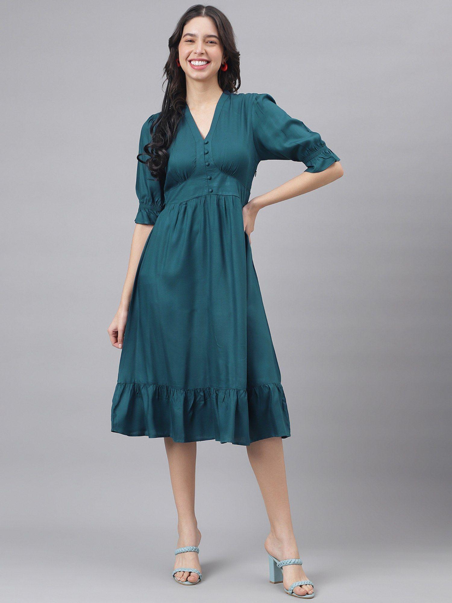 blue half sleeve v-neck women a-line midi dress