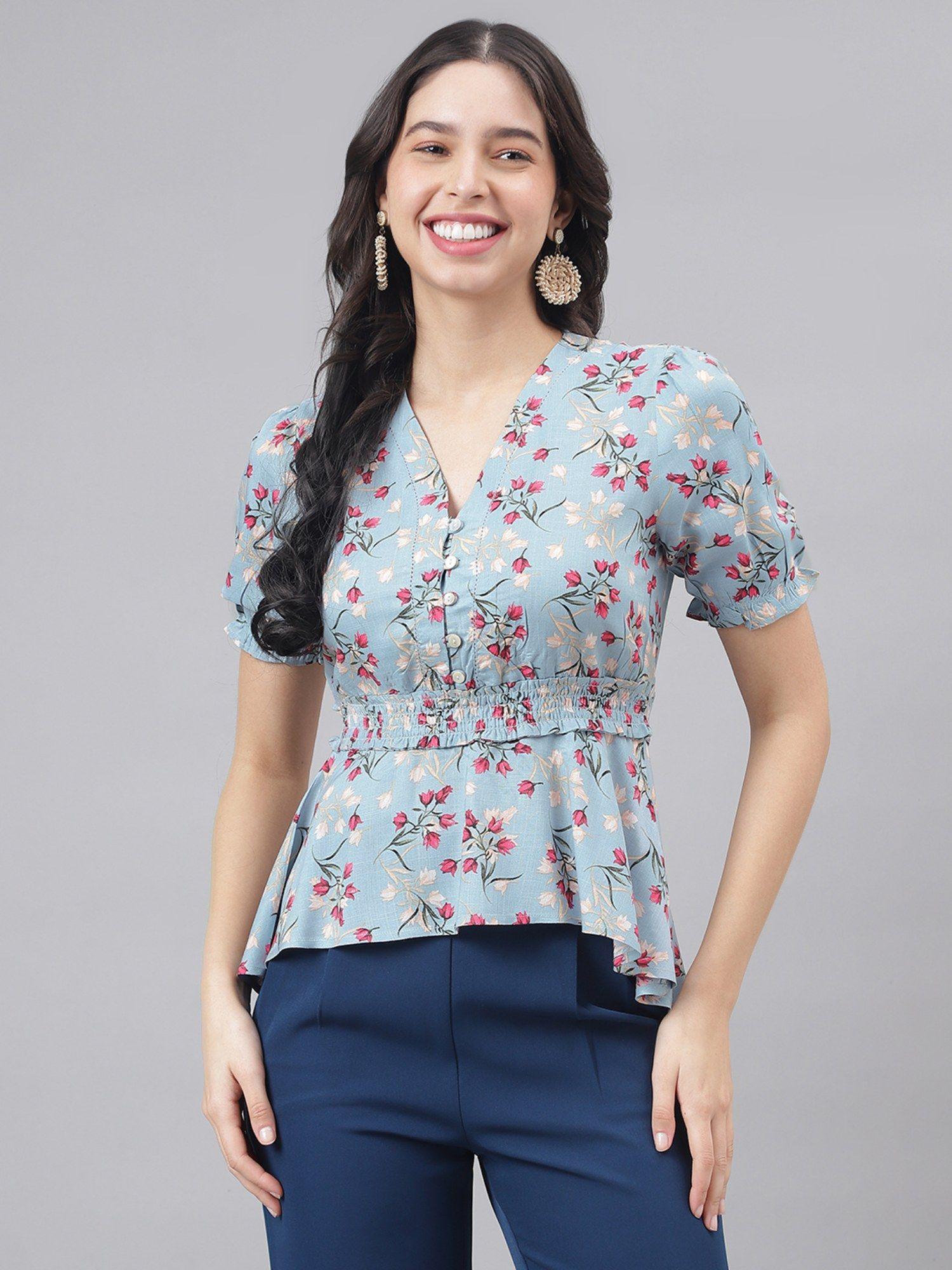 blue half sleeve v-neck women floral blouse top