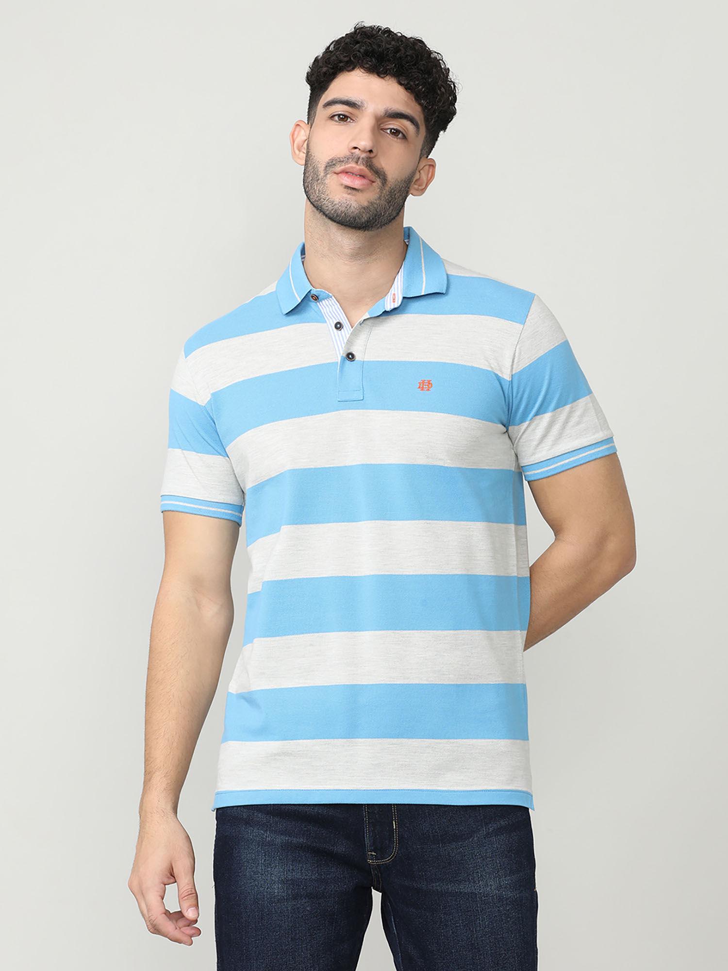 blue half sleeves pique stripes polo t-shirt