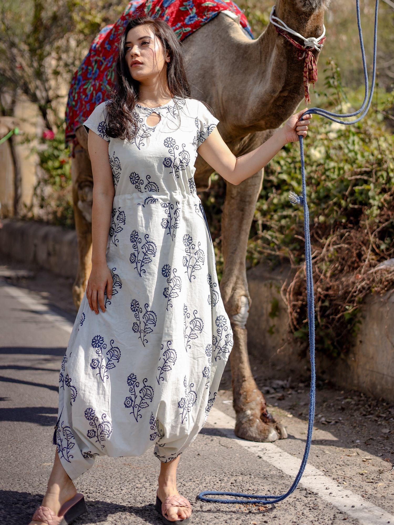 blue hand block dhoti style jumpsuit