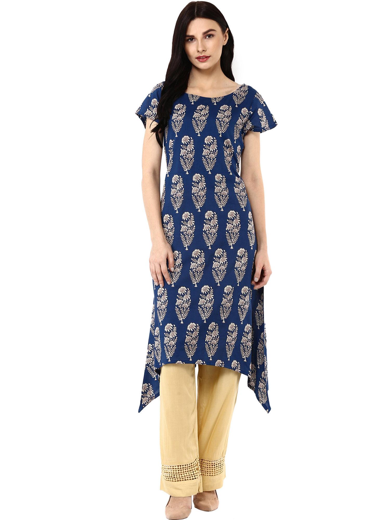 blue hand block printed a-line pure cotton kurta