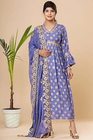 blue hand block printed anarkali set