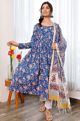 blue hand block printed anarkali set