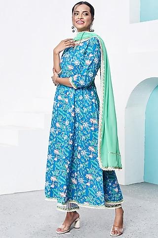 blue hand-block printed kurta set