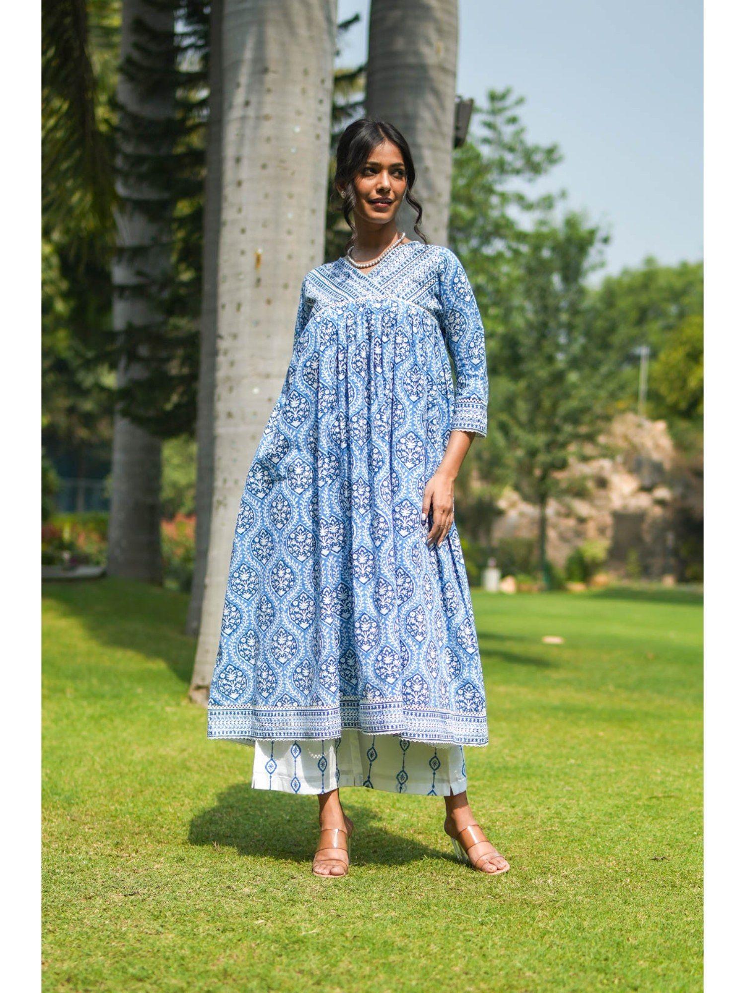 blue hand block printed kurta with lace yoke and overlapped v-neck