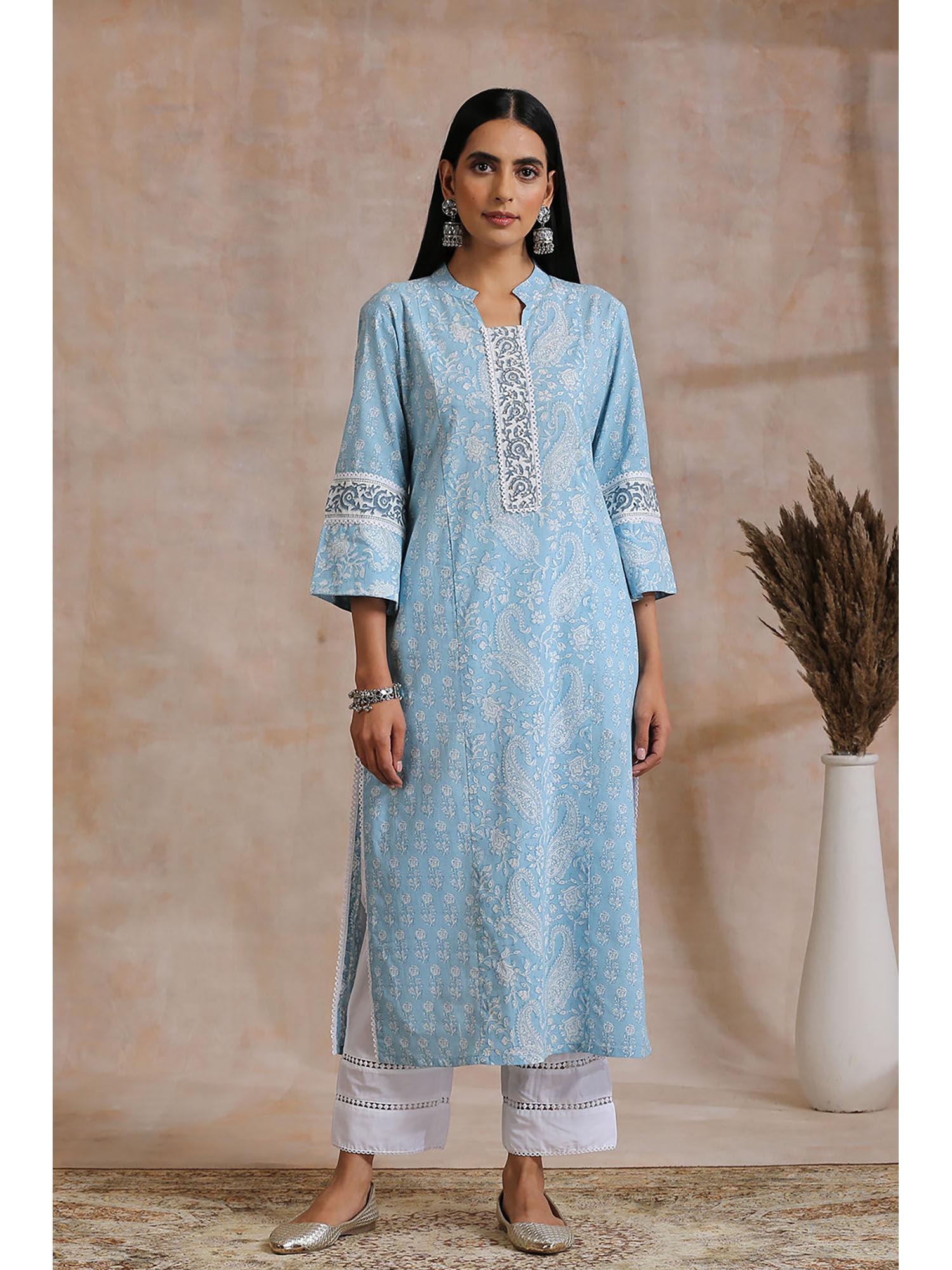 blue hand block printed kurta