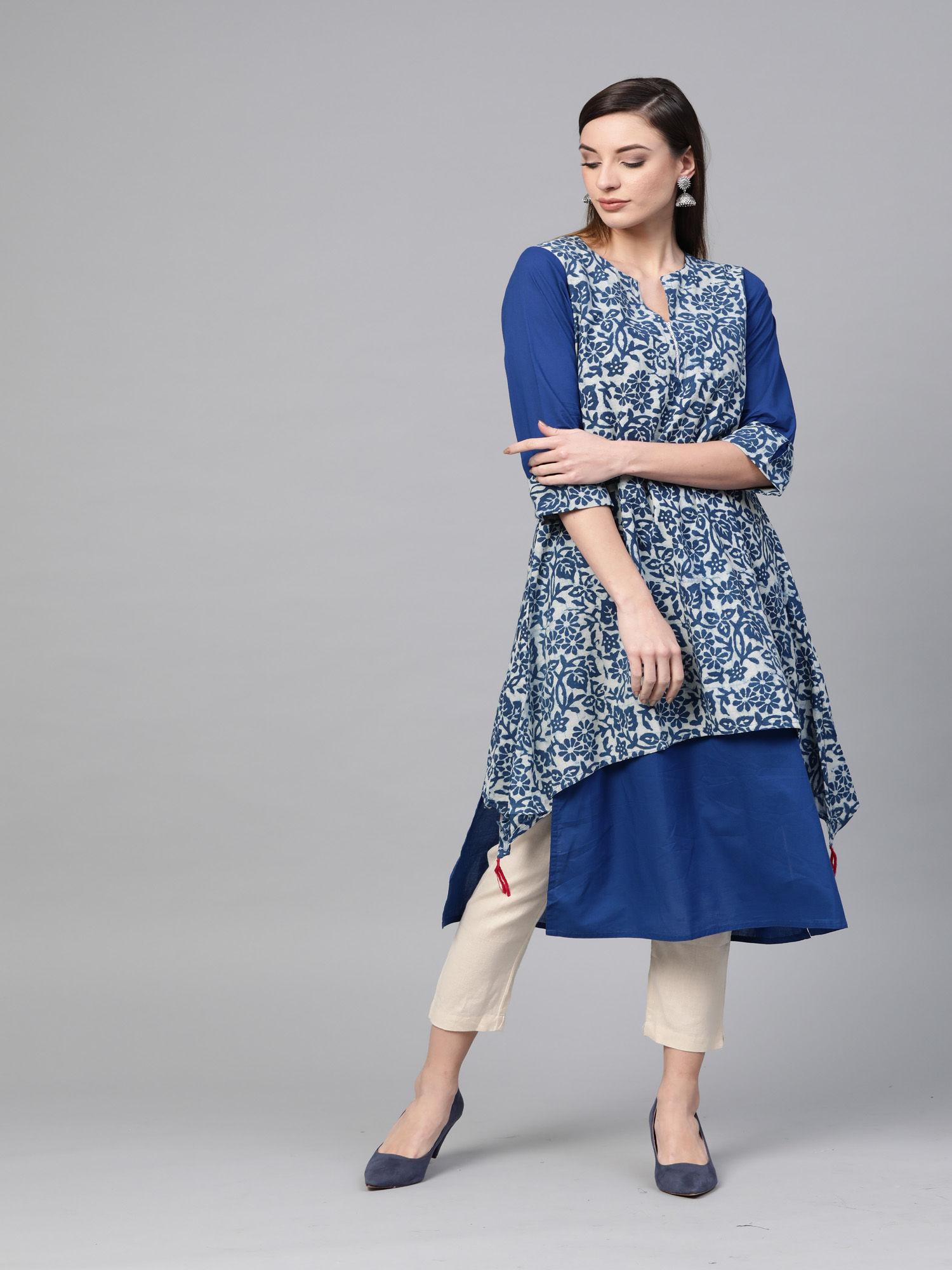 blue hand block printed layered a-line pure cotton kurta