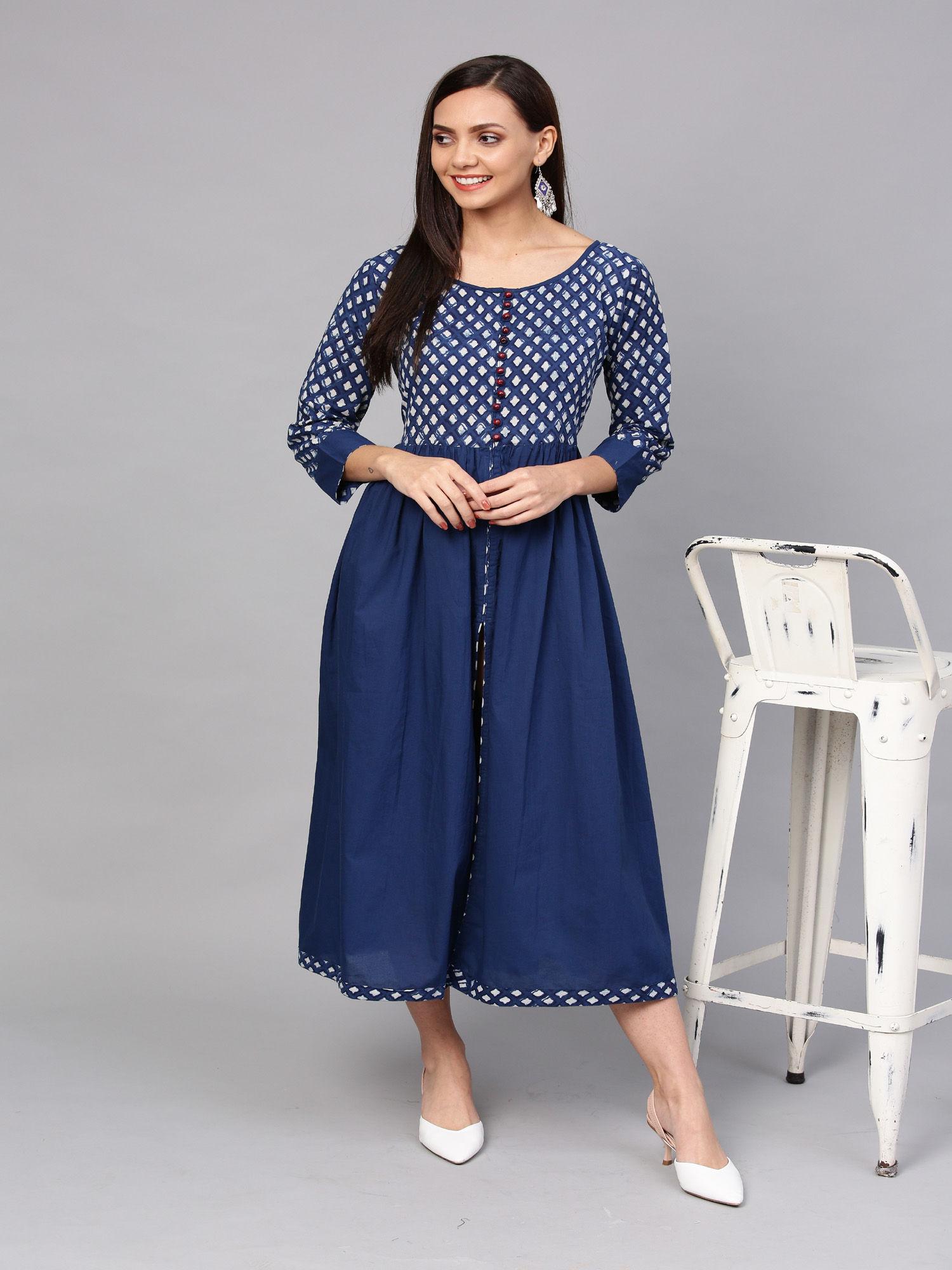 blue hand block printed long pure cotton dress