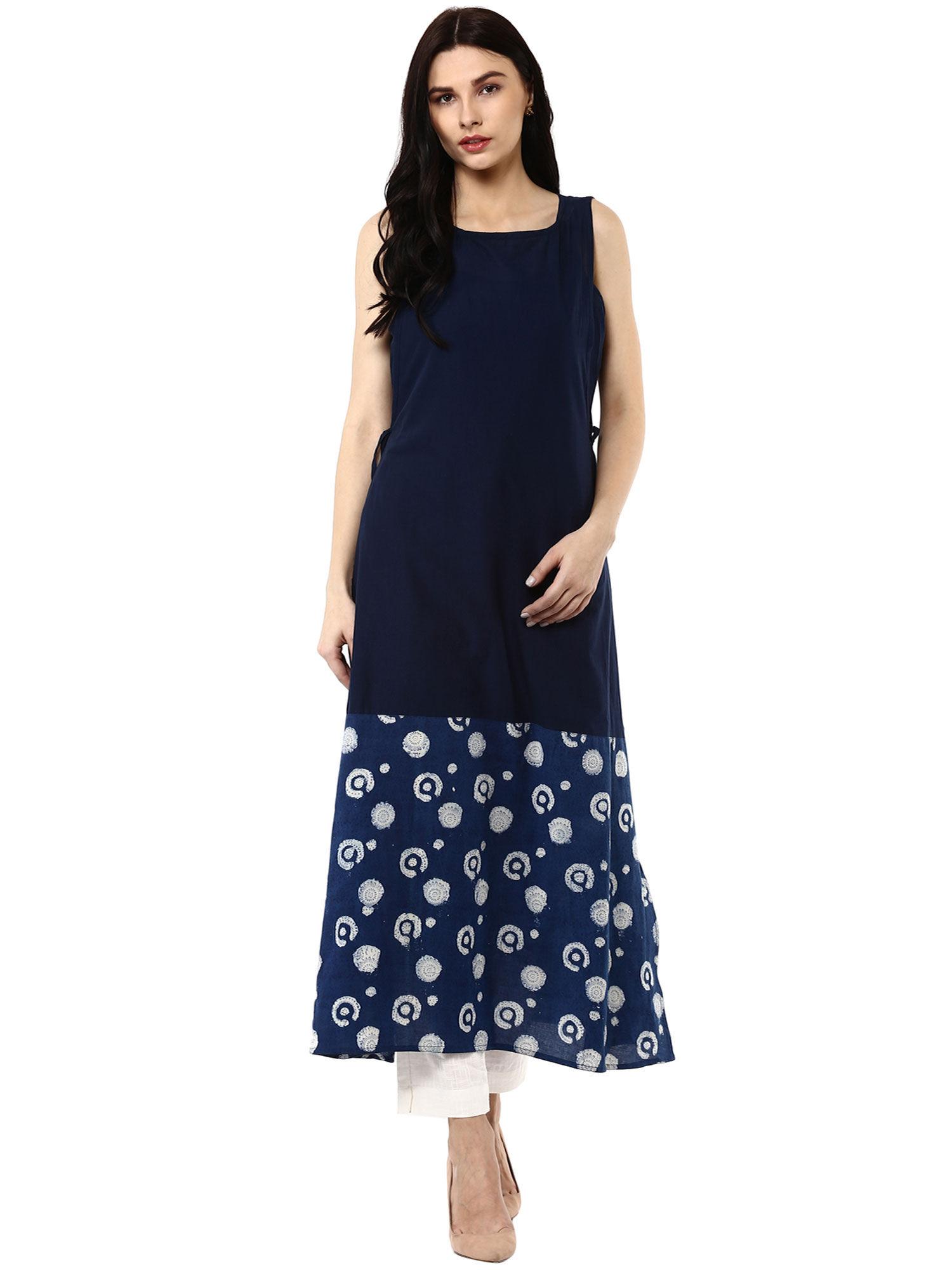 blue hand block printed long pure cotton kurta