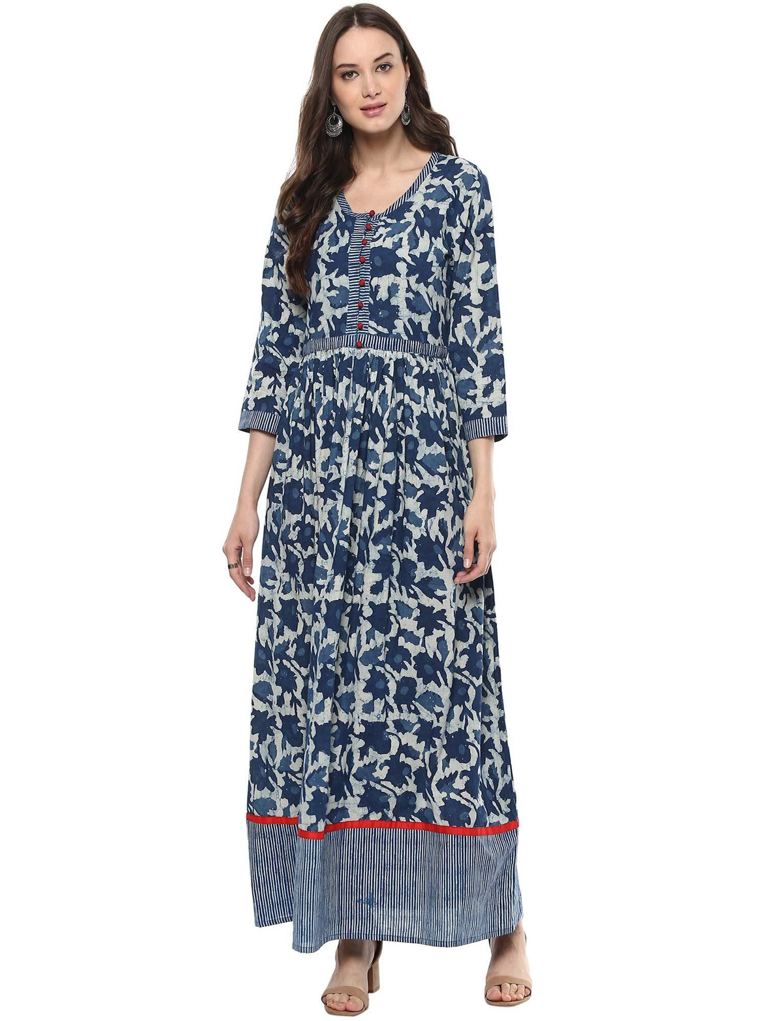 blue hand block printed pure cotton dress