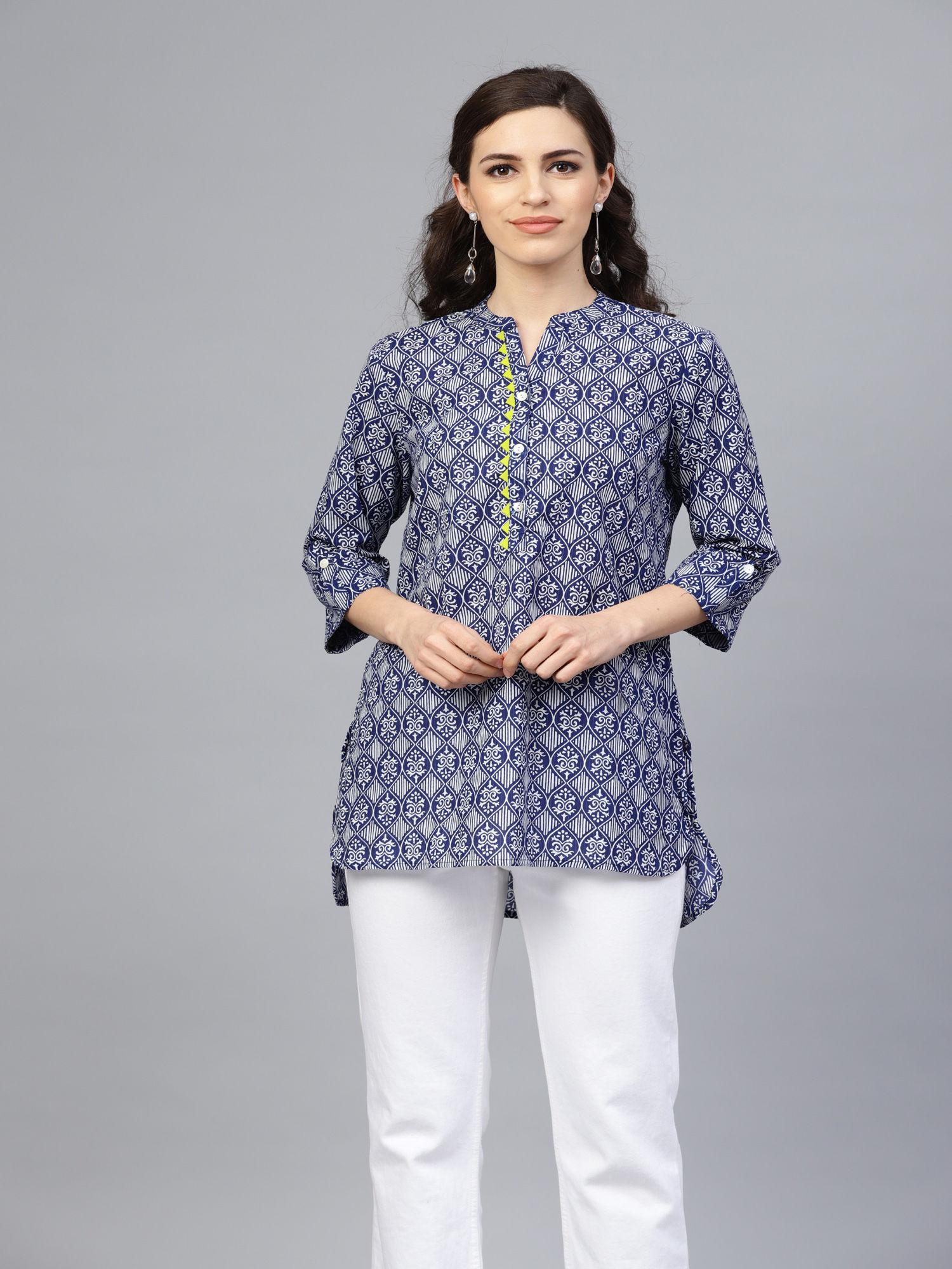 blue hand block printed pure cotton high-low top