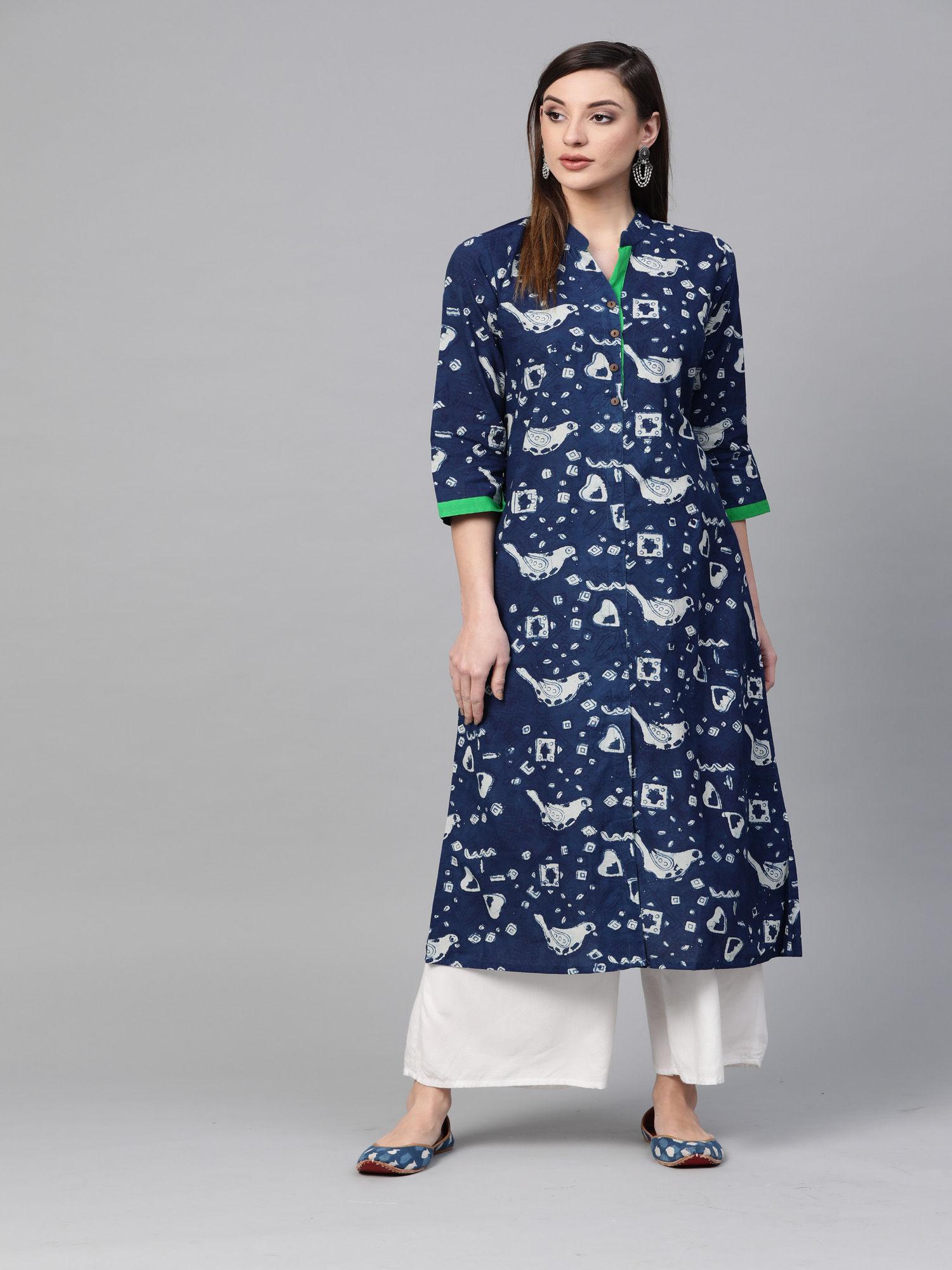 blue hand block printed pure cotton kurta