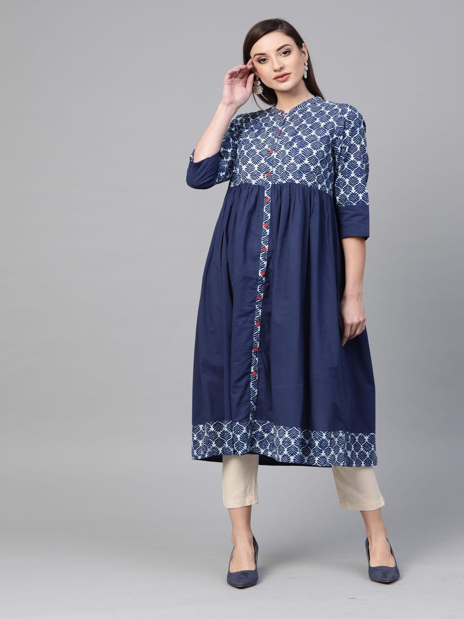 blue hand block printed pure cotton kurta