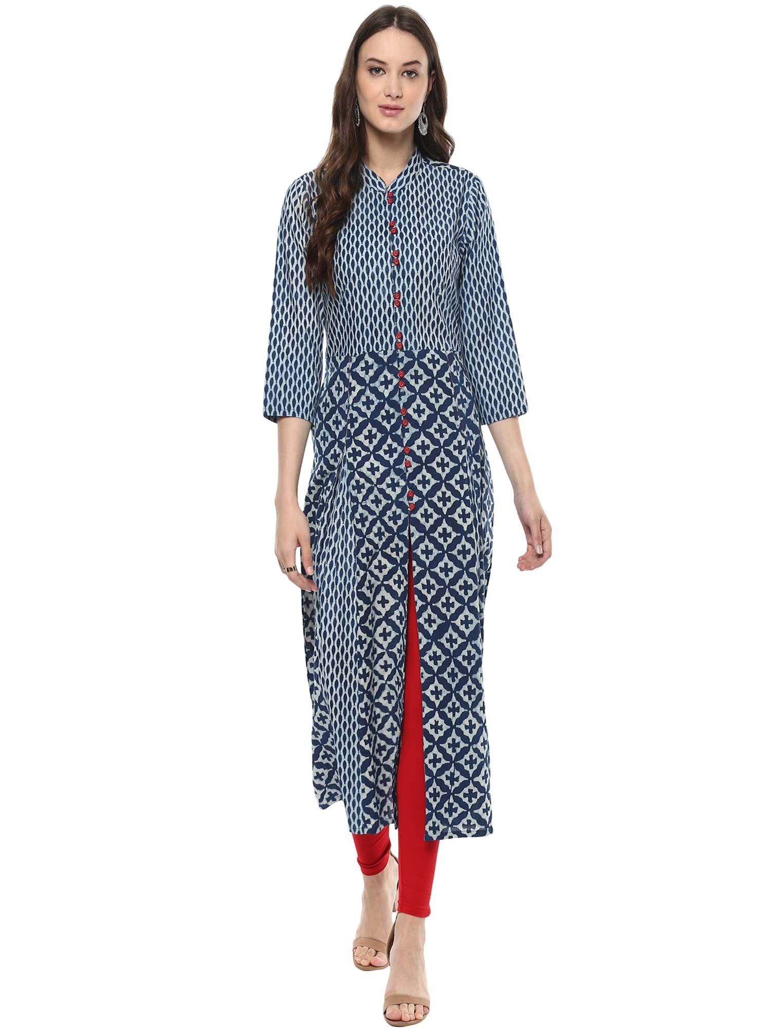 blue hand block printed pure cotton kurta