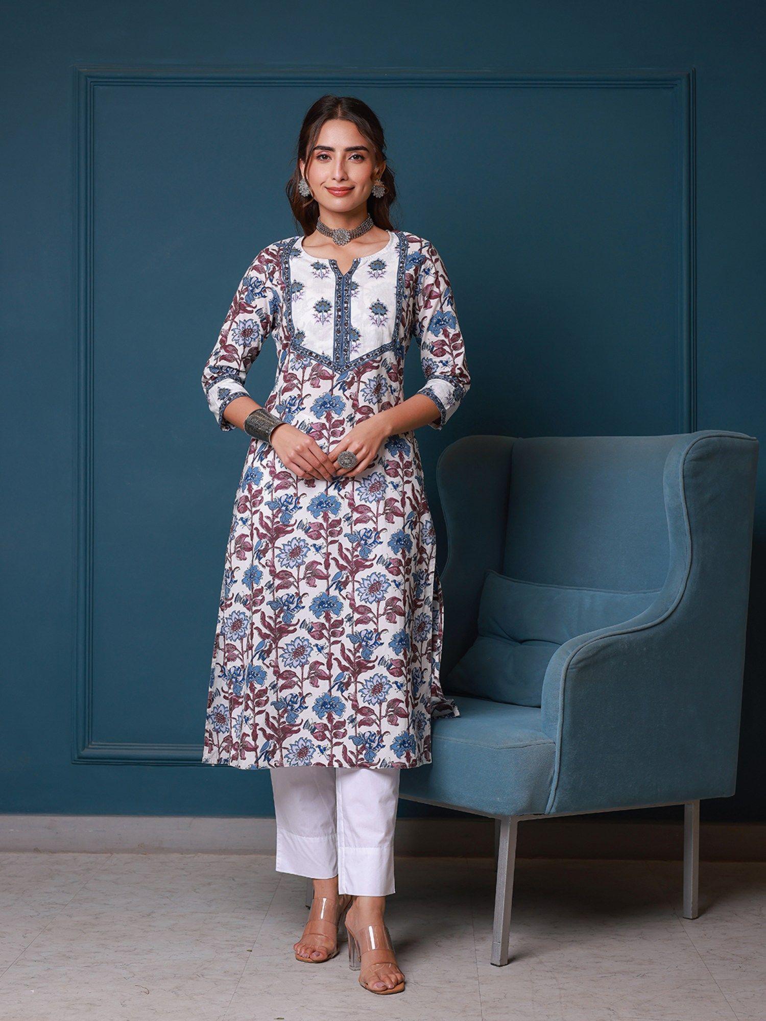 blue hand block printed straight cotton kurta