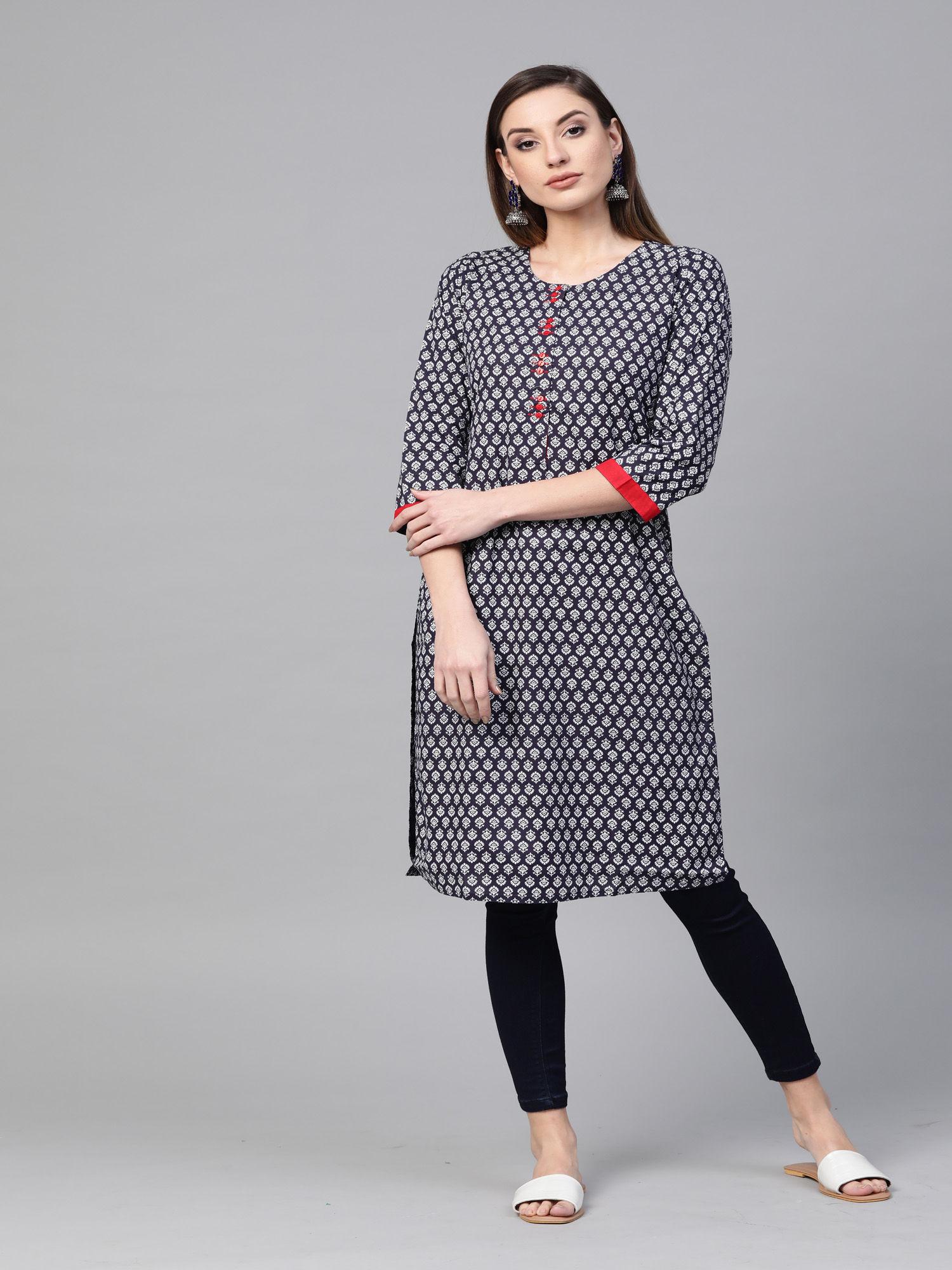 blue hand block printed straight cotton kurta