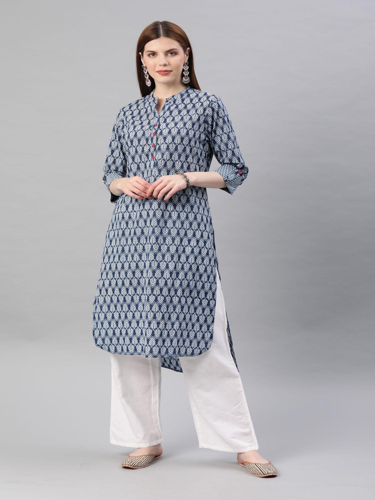 blue hand block printed straight pure cotton kurta