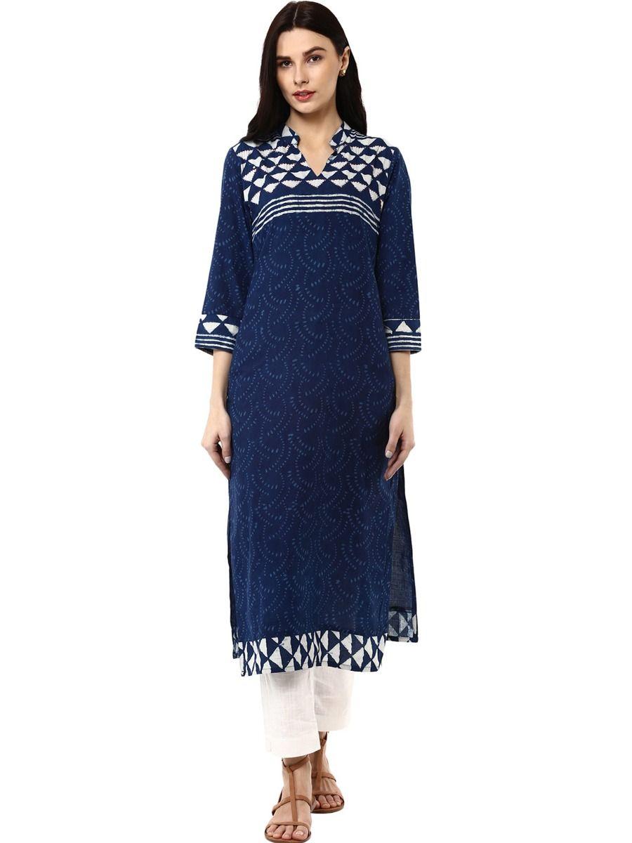 blue hand block printed straight pure cotton kurta