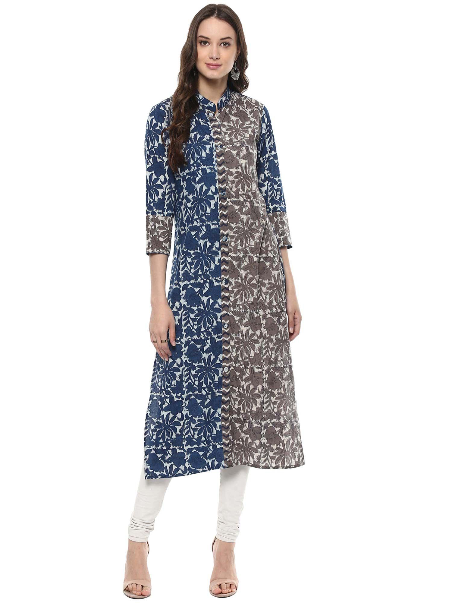 blue hand block printed straight pure cotton kurta