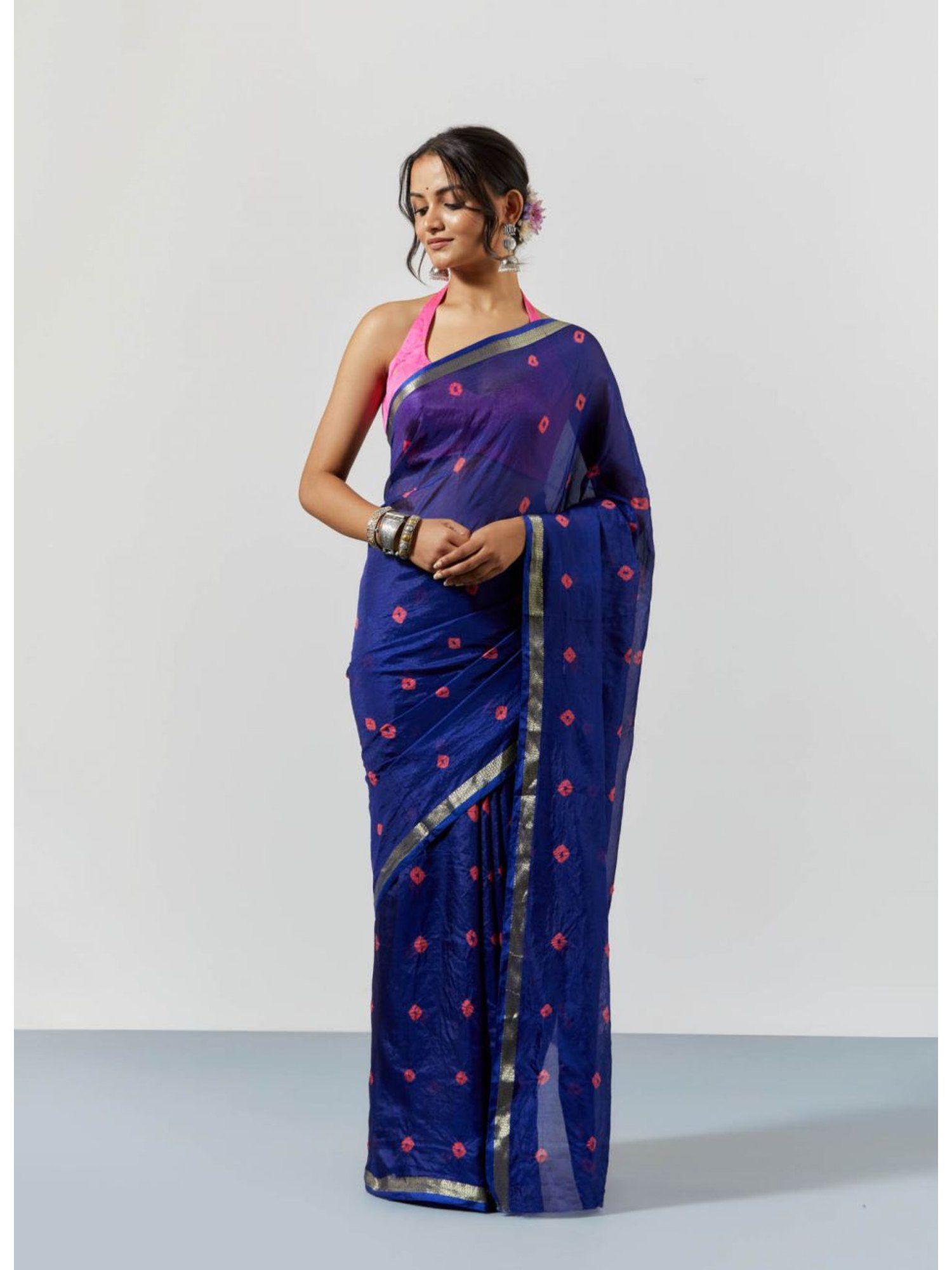 blue hand dyed bandhani silk saree with unstitched blouse