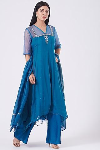 blue hand embroidered anarkali set