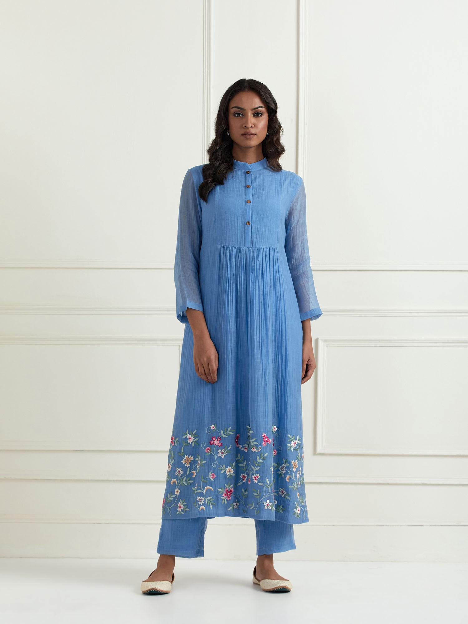 blue hand embroidered chanderi kurta with pants (set of 2)