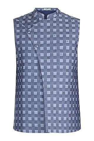 blue hand embroidered checkered nehru jacket
