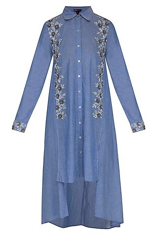 blue hand embroidered high-low denim tunic