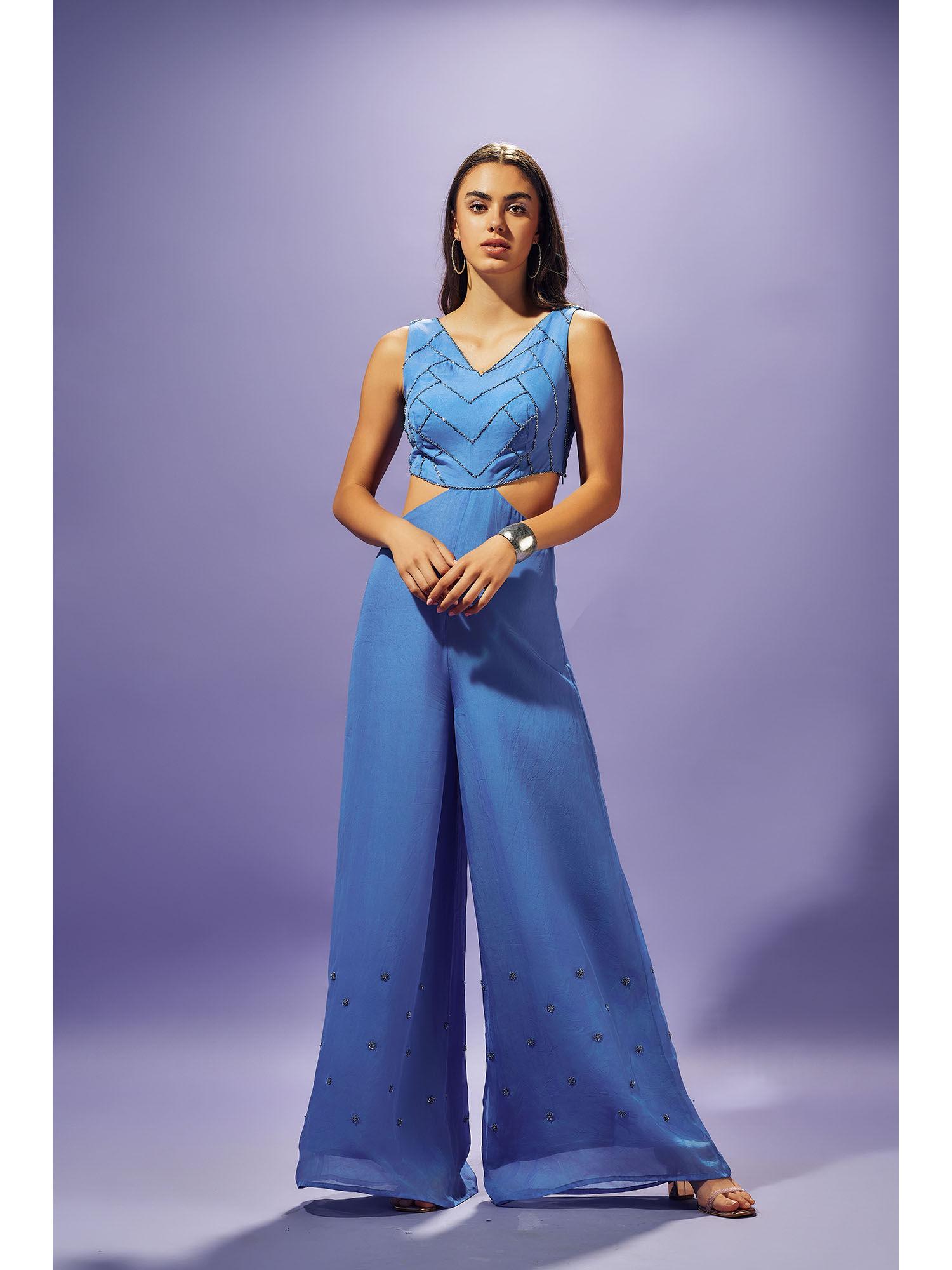 blue hand embroidered jumpsuit in silk organza