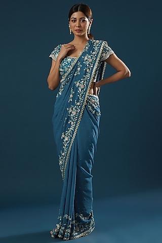 blue hand embroidered saree set