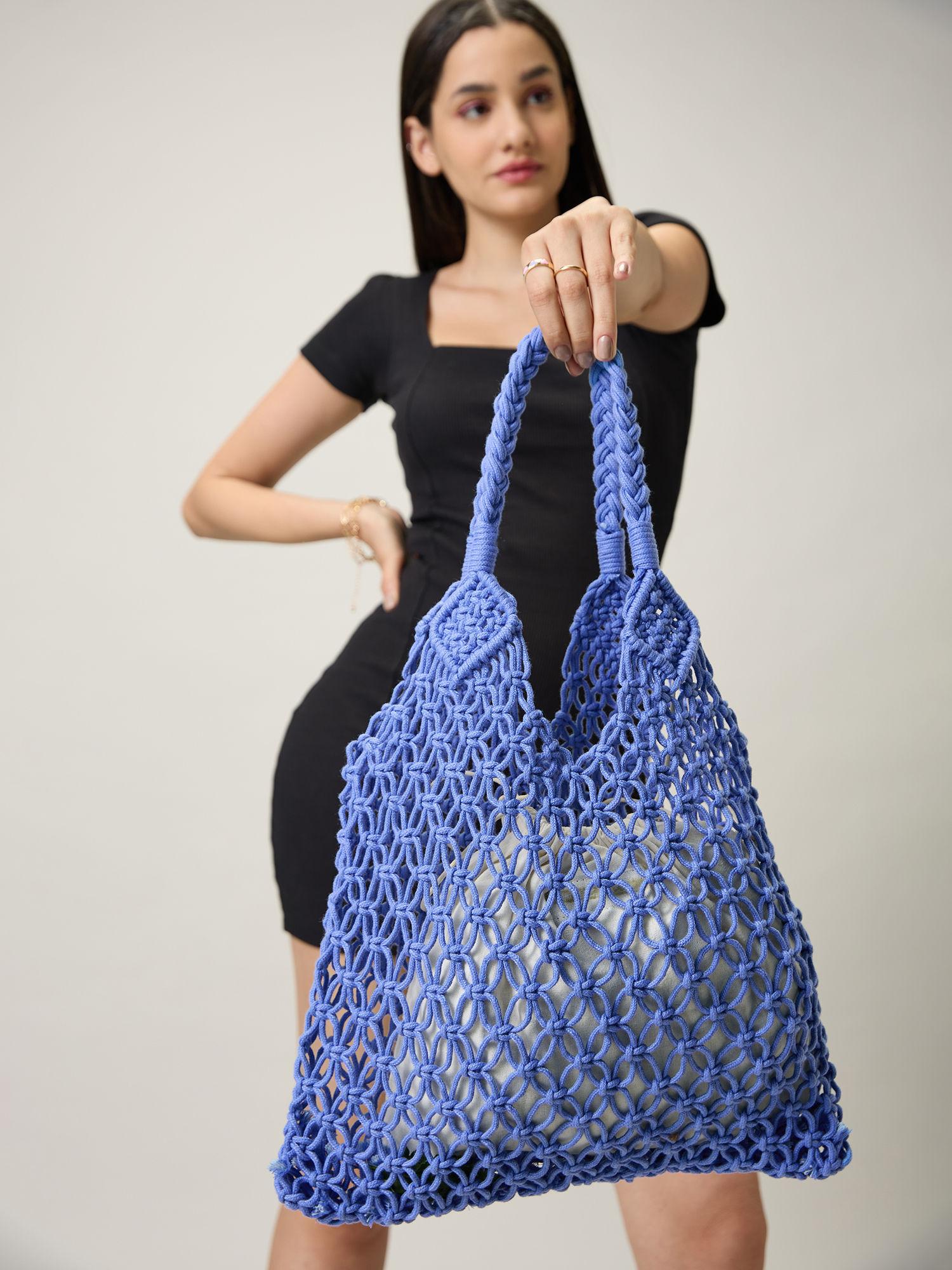 blue hand knitted shoulder bag