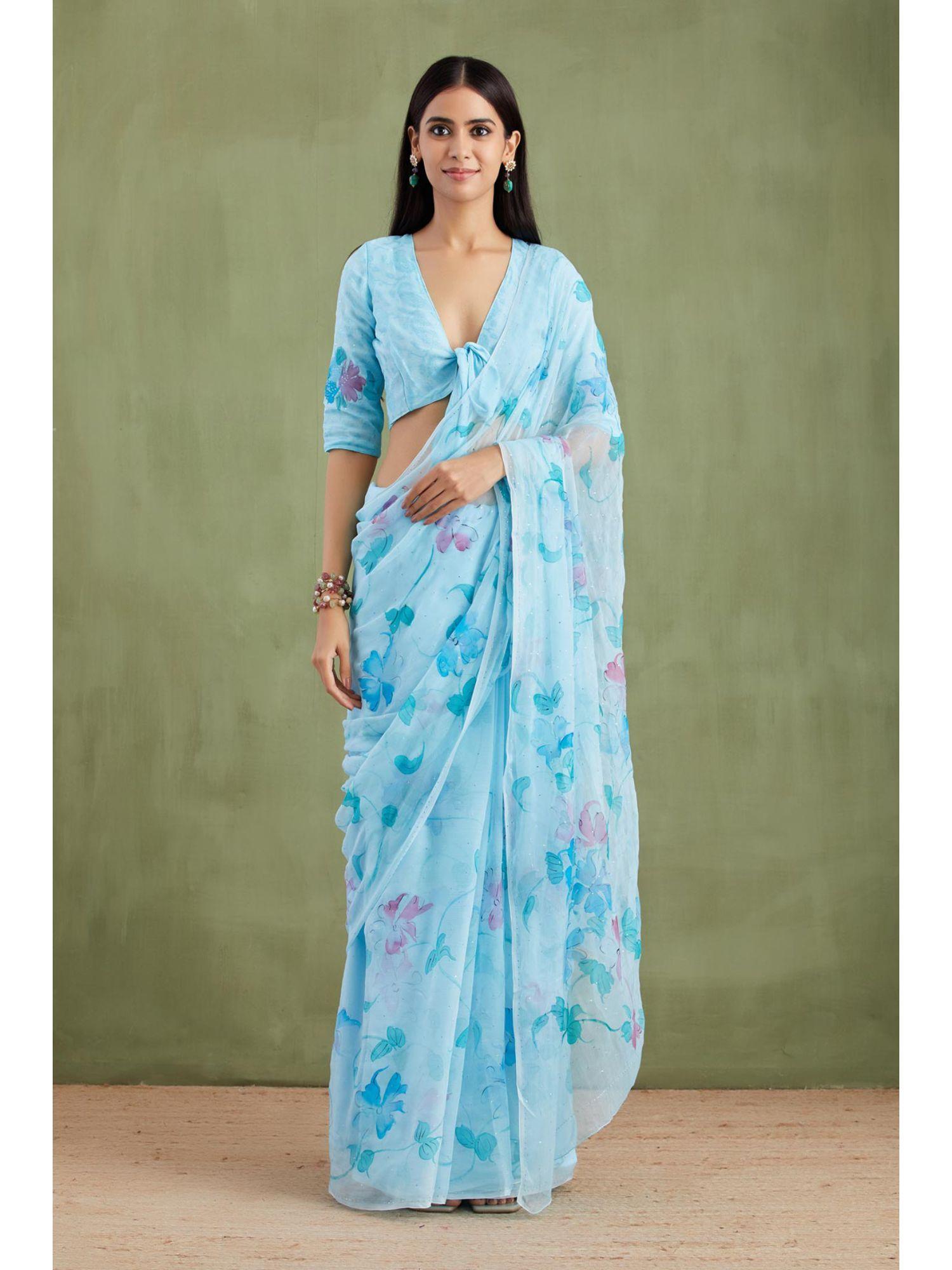 blue hand painted floral chiffon saree with mukaish work