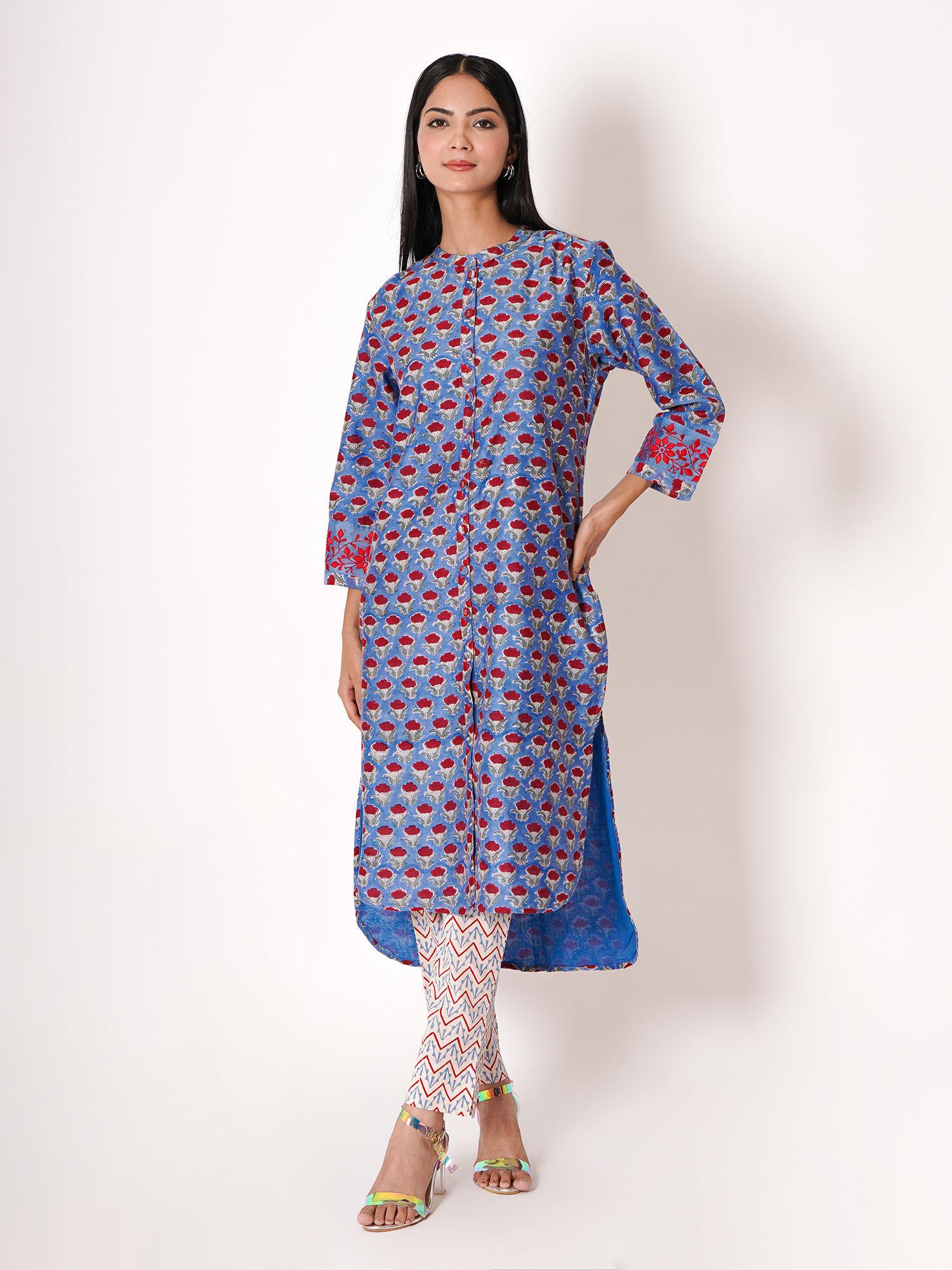 blue handblock floral print chanderi kurta with pant (set of 2)