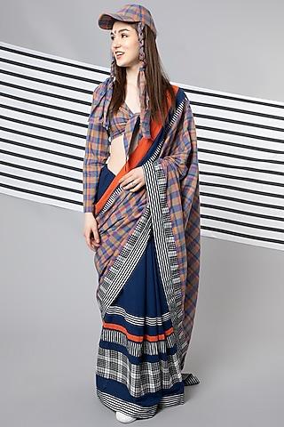 blue handloom cotton checks patchwork saree & blouse