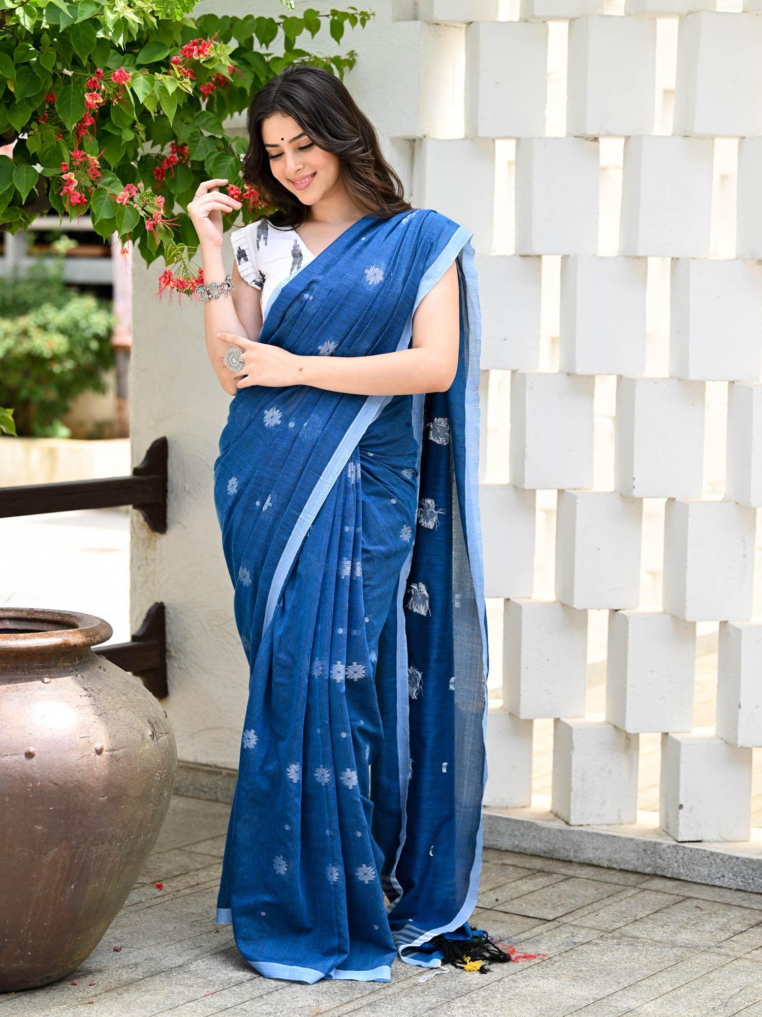 blue handloom cotton jamdani saree with unstitched blouse
