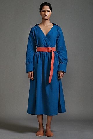 blue handloom cotton safari midi dress