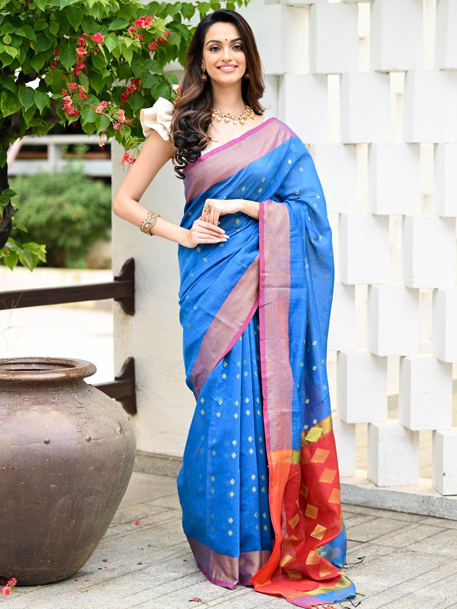 blue handloom cotton silk saree with unstitched blouse