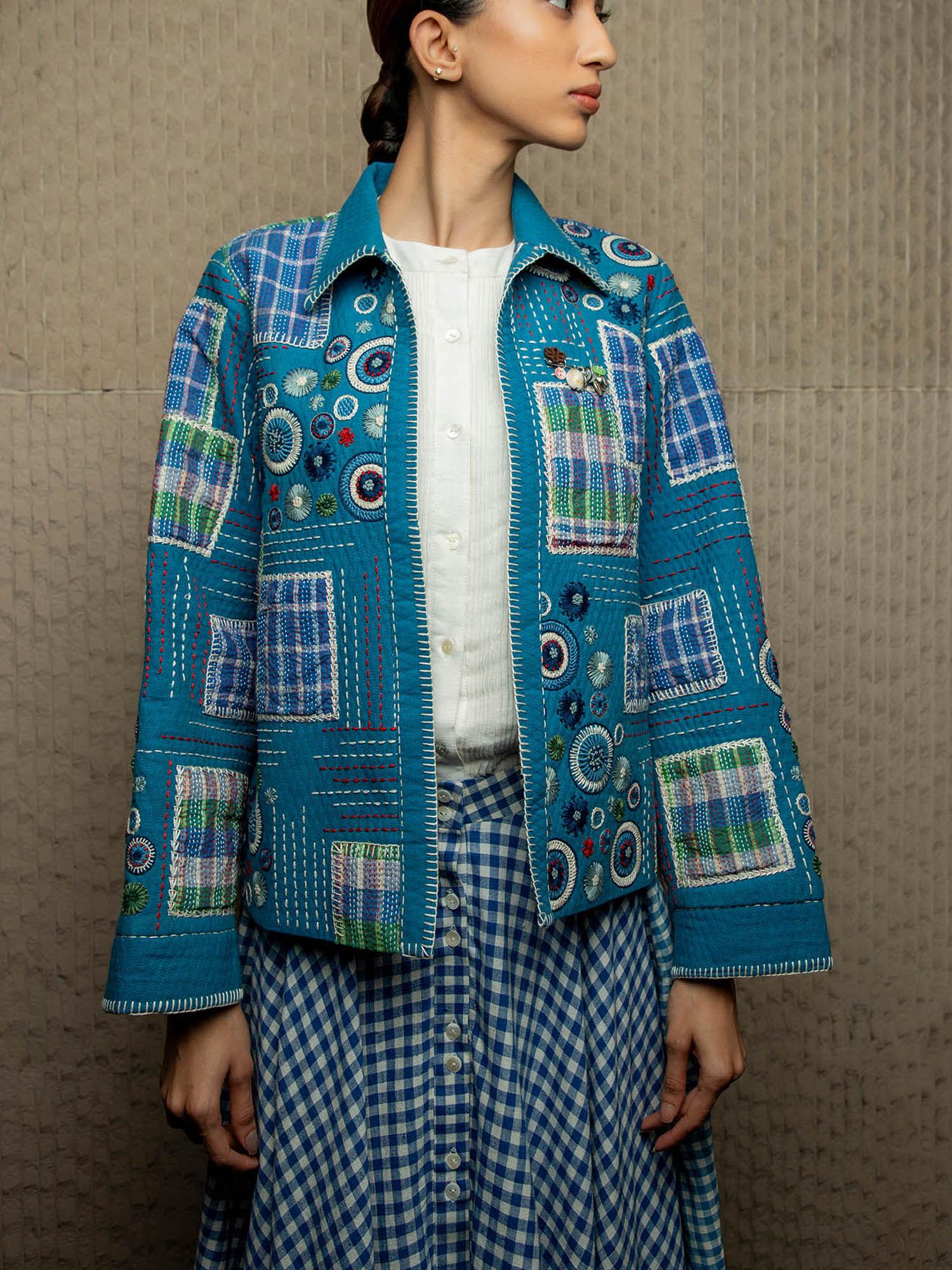 blue handloom embroidered patchwork jacket