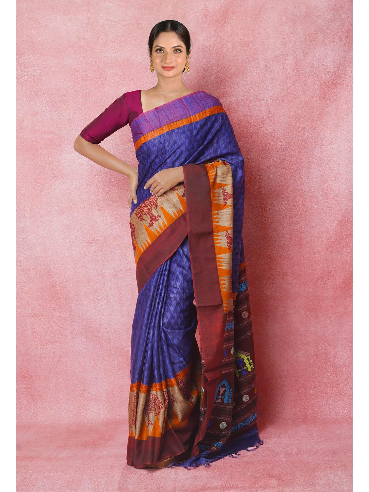 blue handloom hand block printed vidarbha tussar silk saree with unstitched blouse