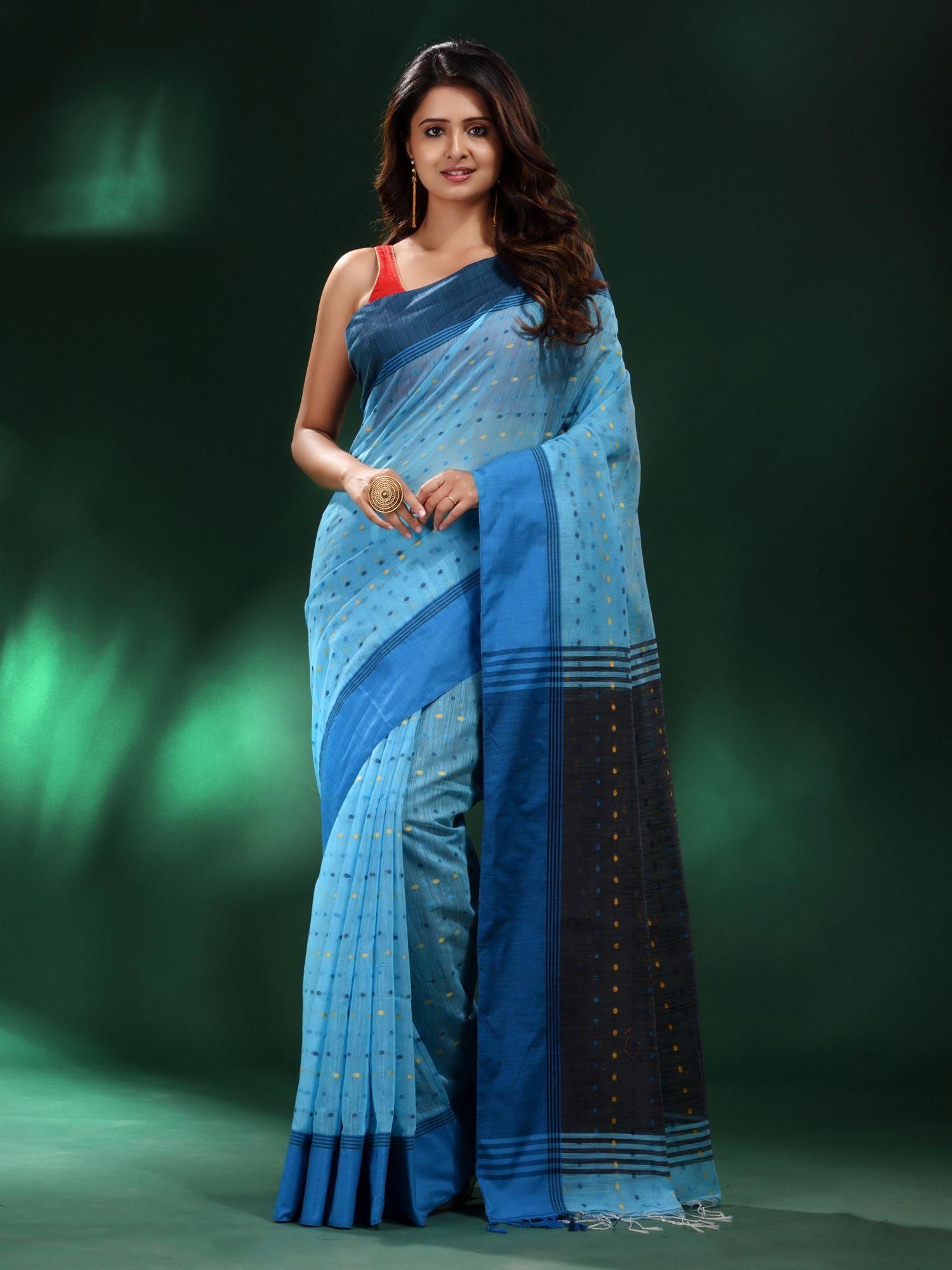 blue handspun cotton handwoven saree with unstitched blouse