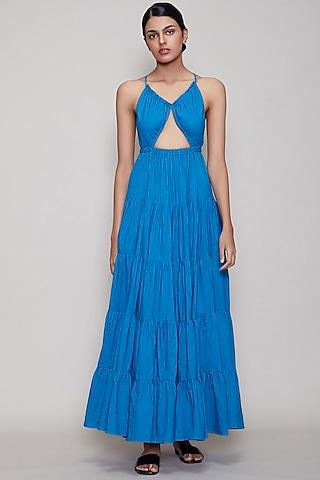 blue handwoven backless dress