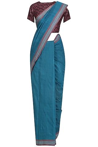 blue handwoven saree and maroon blouse set
