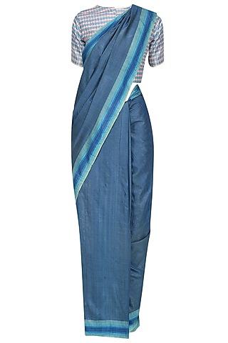 blue handwoven saree and white ckeckered blouse set