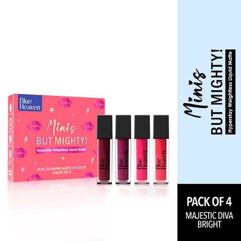 blue heaven minis but mighty hyperstay weightless liquid matte lipstick- majestic diva bright shade kit, pack of 4, 6ml