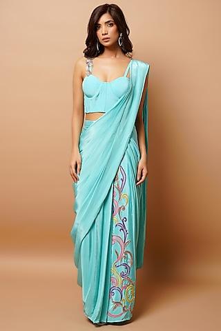 blue heavy crepe embroidered pre-stitched saree set