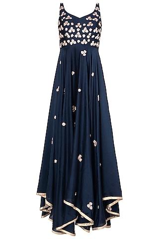 blue high low embroidered anarkali gown set