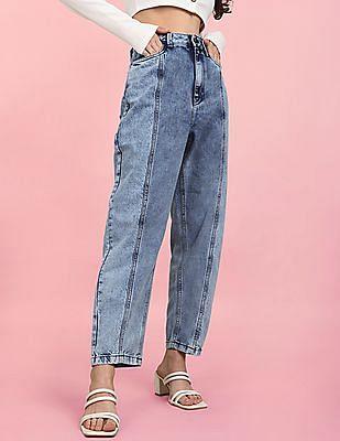 blue high rise acid wash panelled jeans