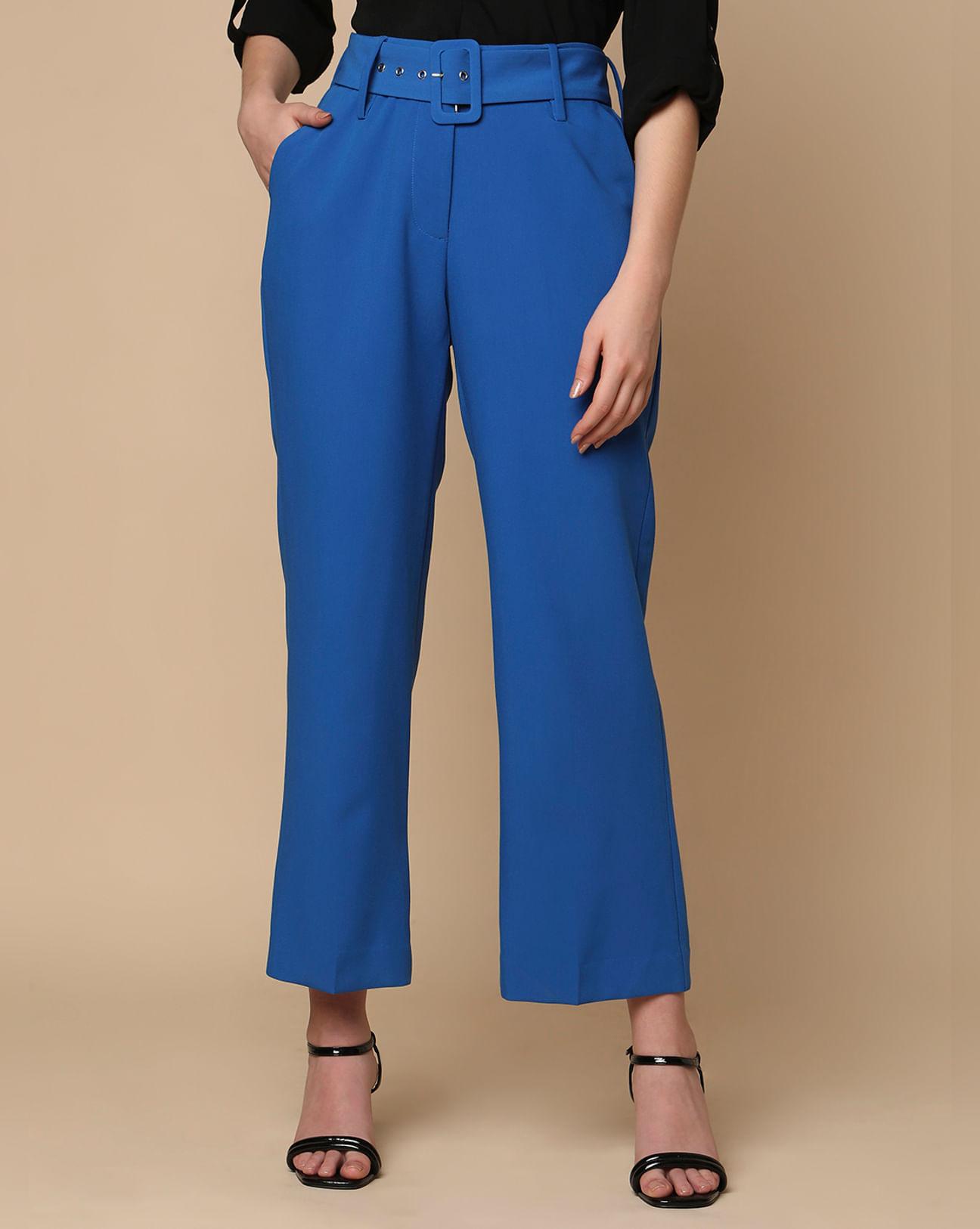 blue high rise belted pants