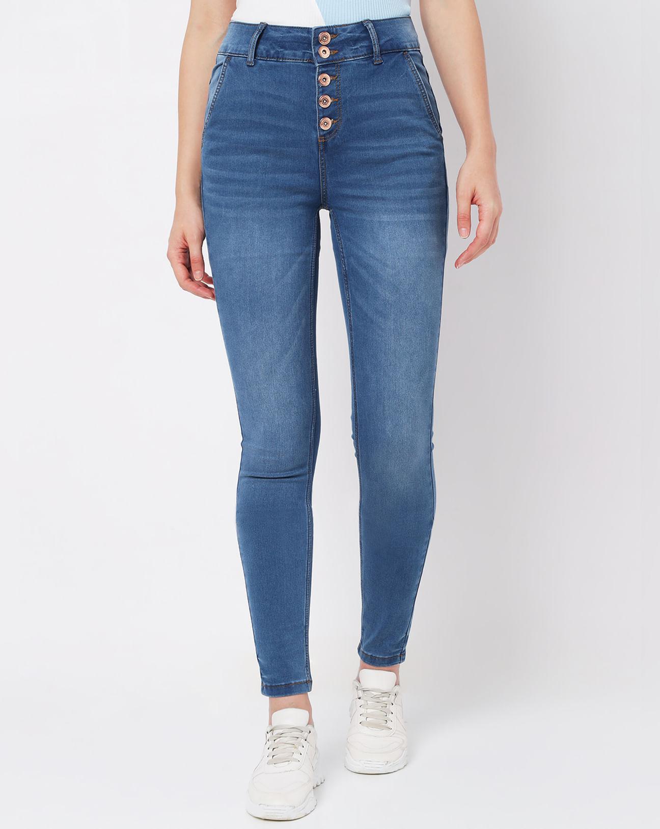 blue high rise buttoned skinny jeans