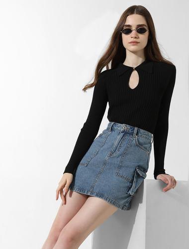 blue high rise cargo denim skirt